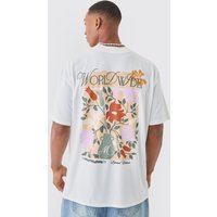 Mens Oversized Floral Worldwide Print T-shirt - Weiß - L, Weiß von boohooman