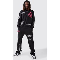 Mens Oversize Trainingsanzug mit Graffiti-Print - Schwarz - L, Schwarz von boohooman