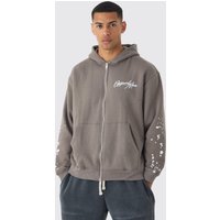 Mens Oversize Hoodie mit Graffiti-Print und Farbspritzern - Grau - S, Grau von boohooman