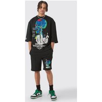 Mens Oversized Graphic Half Sleeve Sweatshirt And Short Set - Schwarz - XS, Schwarz von boohooman