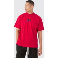 Mens Oversized Heavyweight Bm Cross Embroidered T-shirt - Rot - L, Rot von boohooman