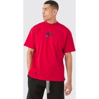 Mens Oversized Heavyweight Bm Cross Embroidered T-shirt - Rot - M, Rot von boohooman