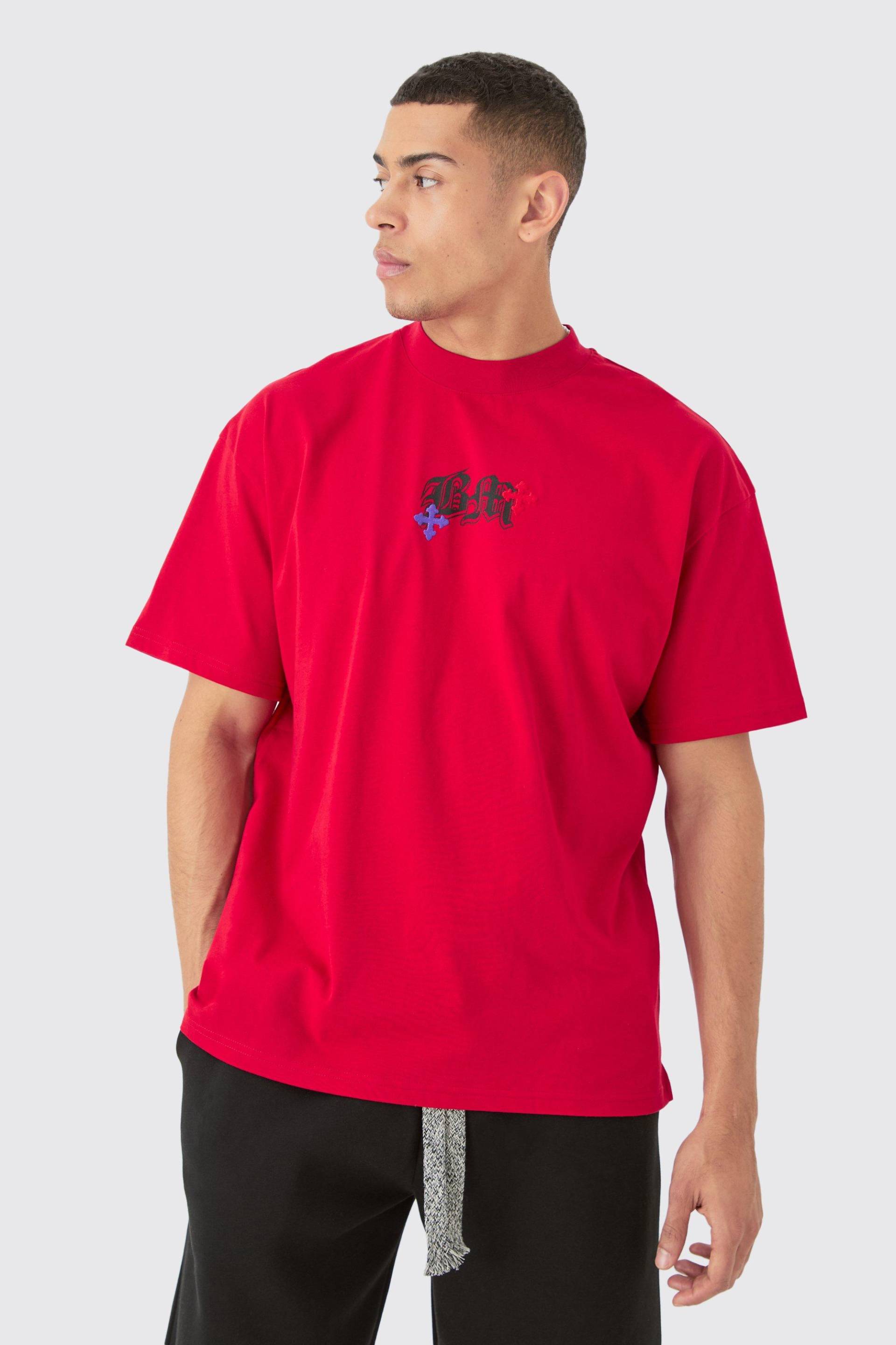 Mens Oversized Heavyweight Bm Cross Embroidered T-shirt - Rot - XS, Rot von boohooman