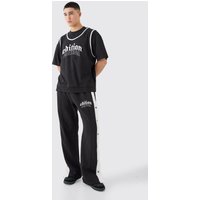 Mens Oversized Heavyweight Faux Layer Varsity Split Hem Tracksuit - Schwarz - S, Schwarz von boohooman