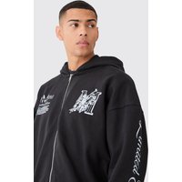 Mens Oversized Heavyweight Multi Print Zip Through Hoodie - Schwarz - S, Schwarz von boohooman