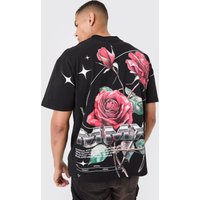 Mens Oversized Large Scale Rose Graphic T-shirt - Schwarz - S, Schwarz von boohooman