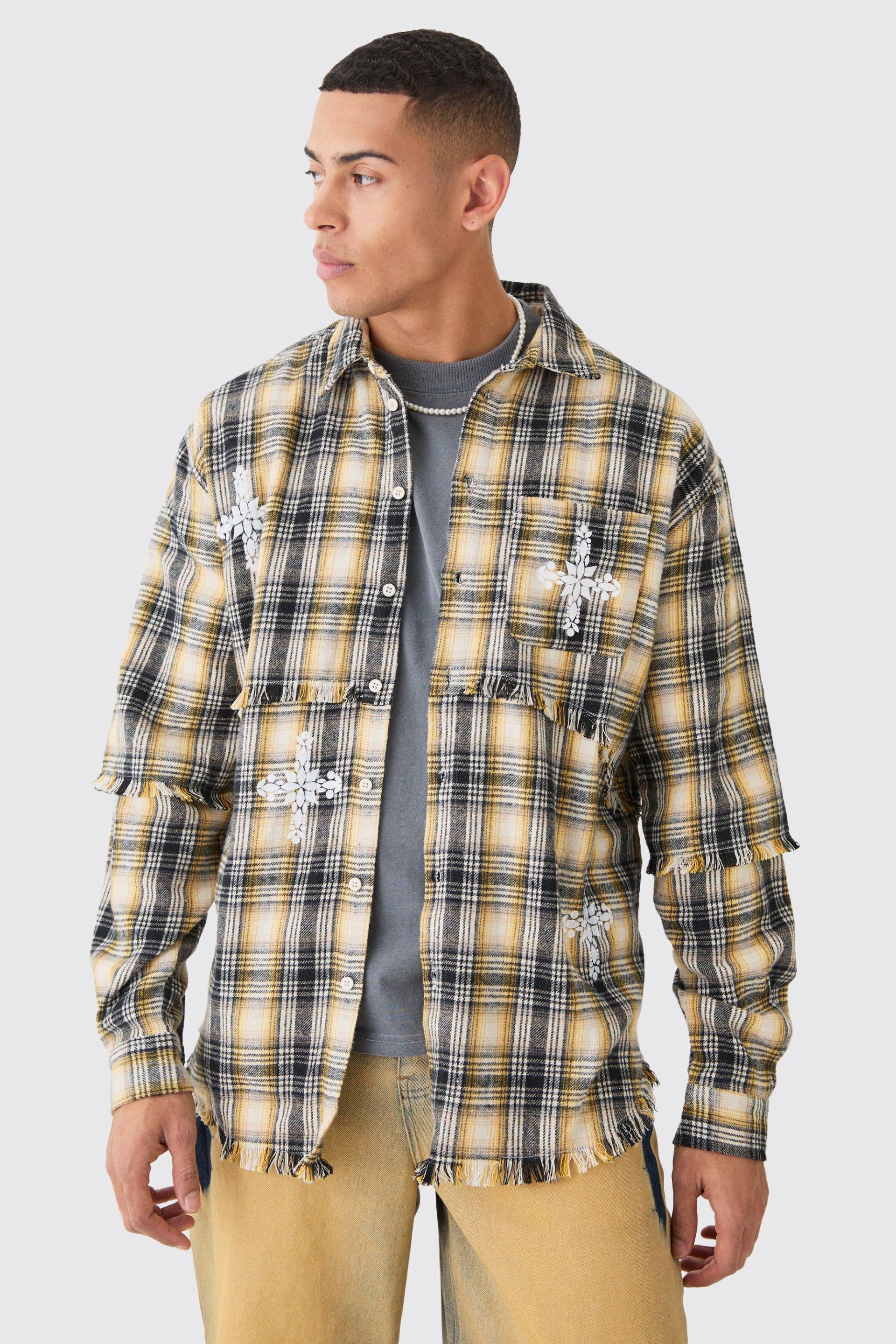 Mens Oversized Layered Print Check Shirt - Gelb - S, Gelb von boohooman