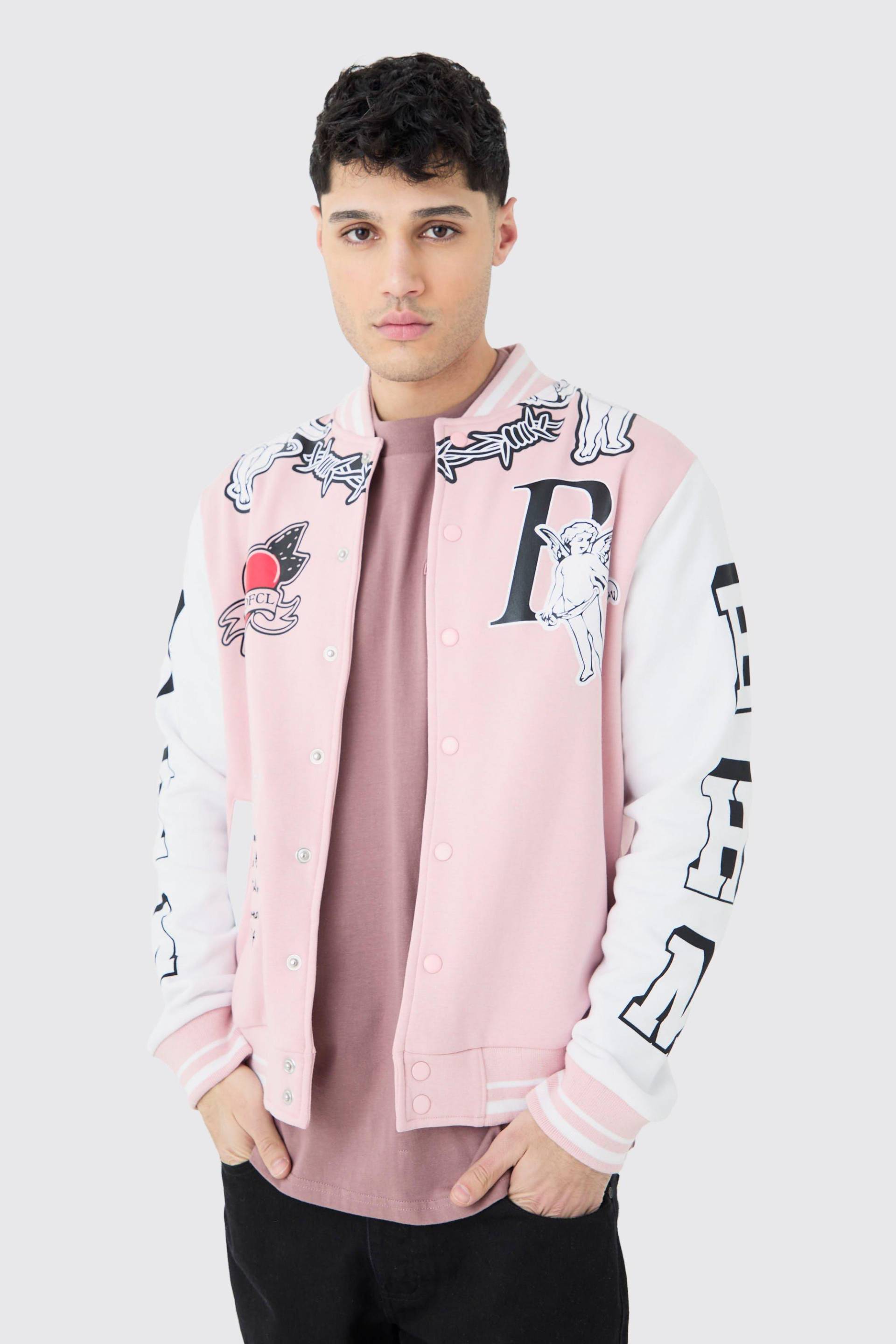 Mens Oversized Limited Jersey Varsity Jacket - Rosa - M, Rosa von boohooman