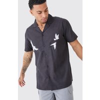 Mens Oversized Linen Look Dove Embroidered Shirt - Schwarz - XS, Schwarz von boohooman