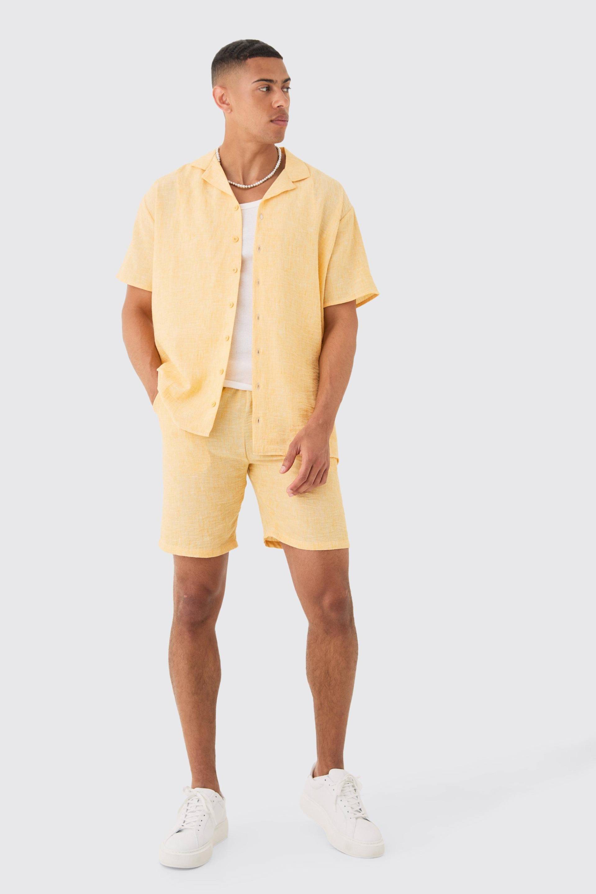 Mens Oversized Linen Look Shirt & Short - Gelb - XS, Gelb von boohooman