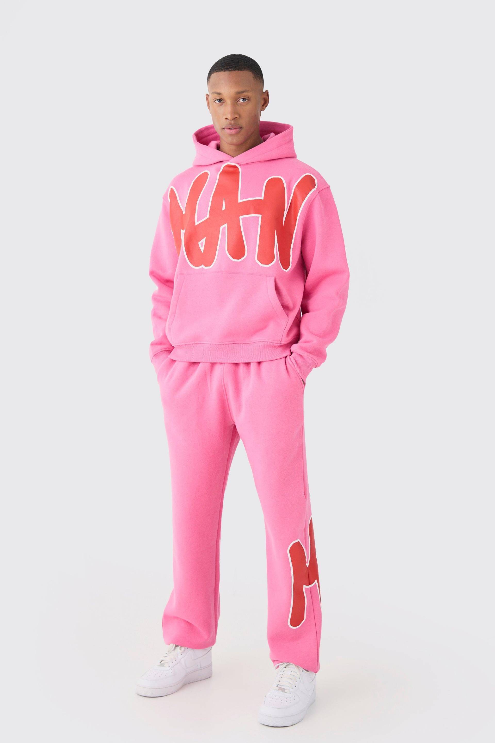 Mens Oversized Man Graphic Hooded Tracksuit - Rosa - L, Rosa von boohooman