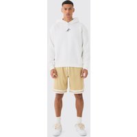 Mens Oversized Man Signature Varsity Hoodie And Basketball Short Set - Weiß - M, Weiß von boohooman