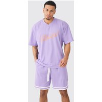 Mens Oversized Mesh Varsity Top And Basketball Shorts Set - Lila - M, Lila von boohooman