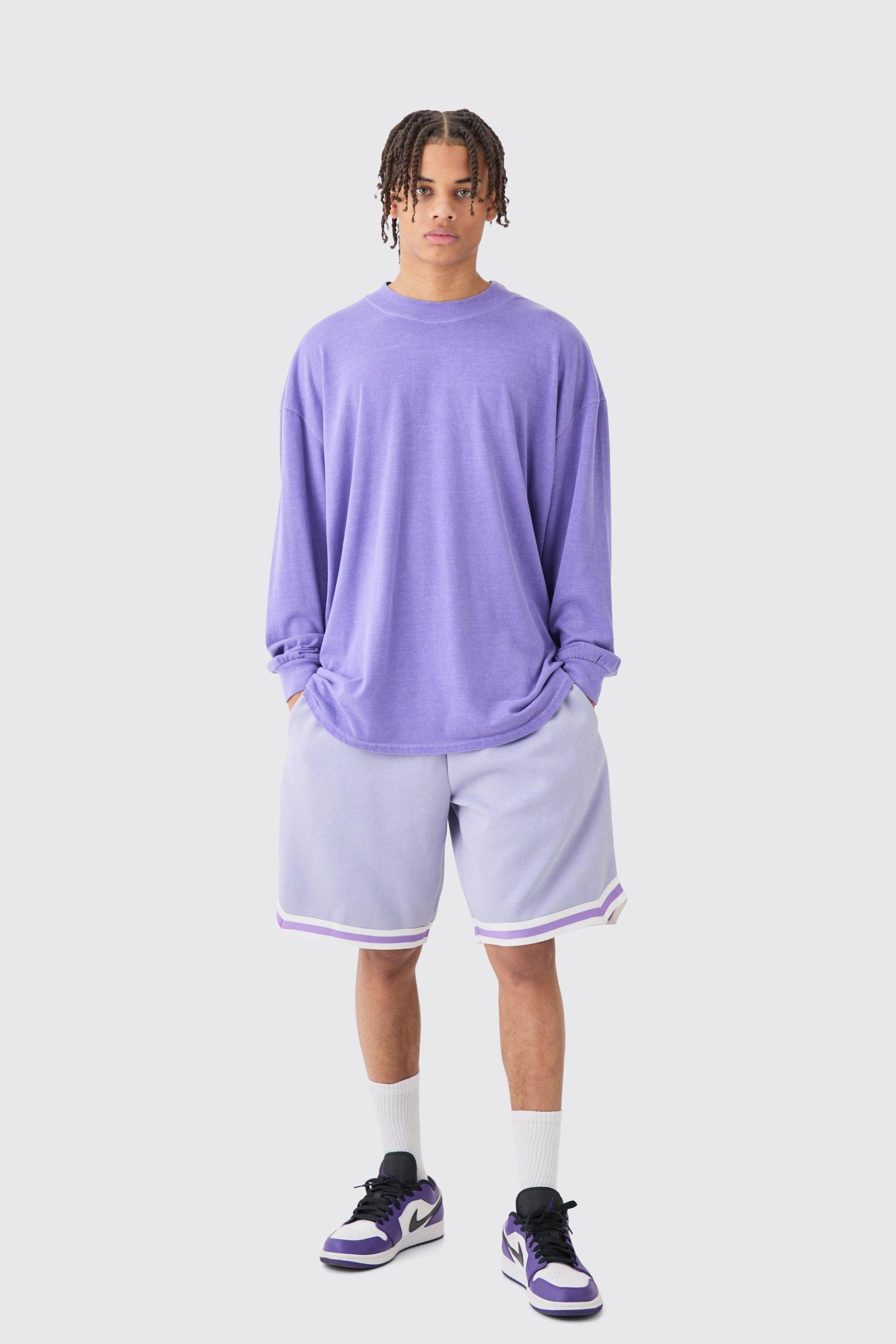 Mens Oversized Mid Length Jersey Tape Basketball Short - Lila - S, Lila von boohooman