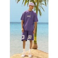 Mens Oversized Ofcl Racing Acid Wash T-shirt & Shorts - Lila - M, Lila von boohooman