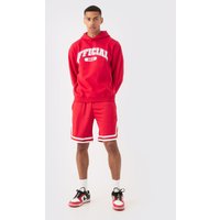 Mens Oversized Official Varsity Hoodie And Basketball Short Set - Rot - XS, Rot von boohooman