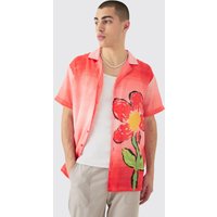 Mens Oversized Ombre Flower Linen Look Shirt - Rot - L, Rot von boohooman