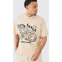 Mens Oversized Outta Space Graphic T-shirt - Beige - L, Beige von boohooman