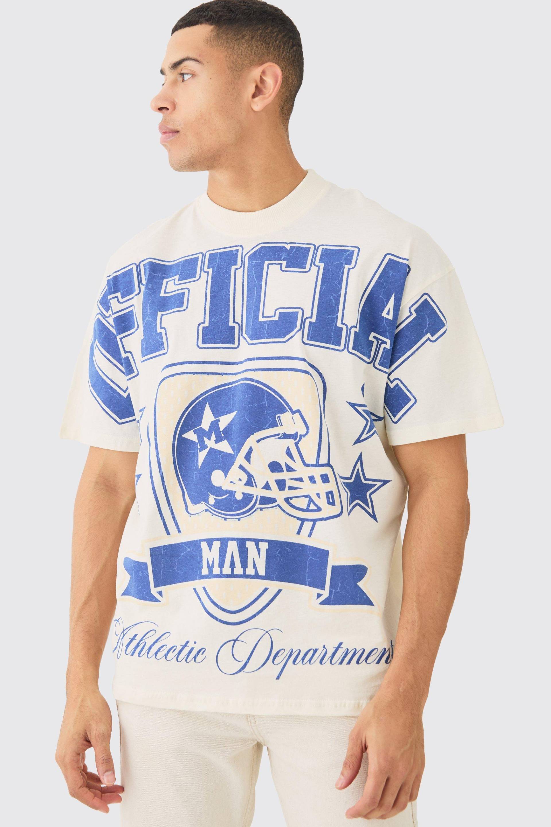 Mens Oversized Over Seams Varsity Graphic T-shirt - Ecru - L, Ecru von boohooman