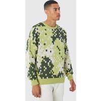 Mens Oversize Camouflage Strickpullover - Grün - XS, Grün von boohooman