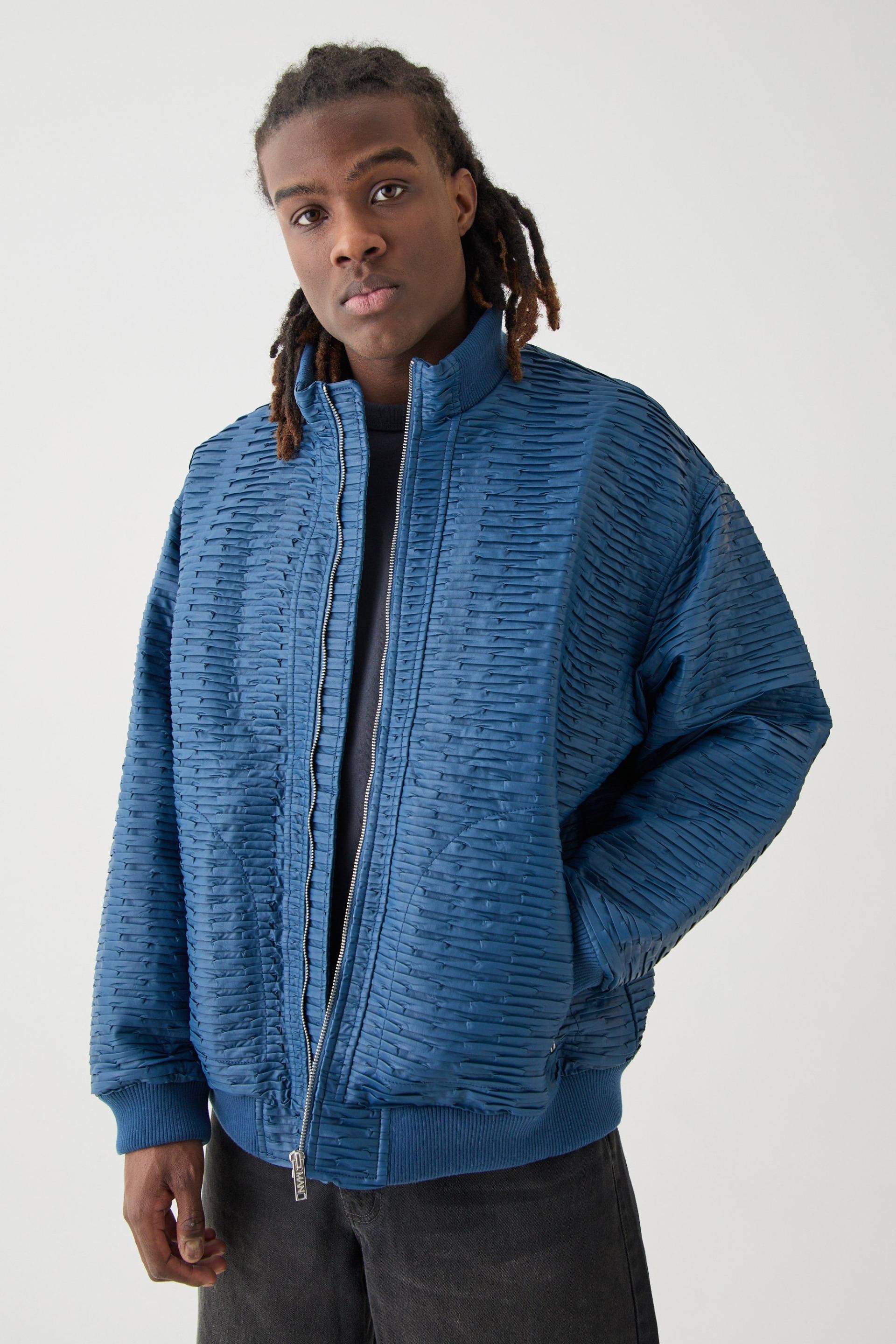 Mens Oversized Pleated Pu Bomber - Blau - M, Blau von boohooman