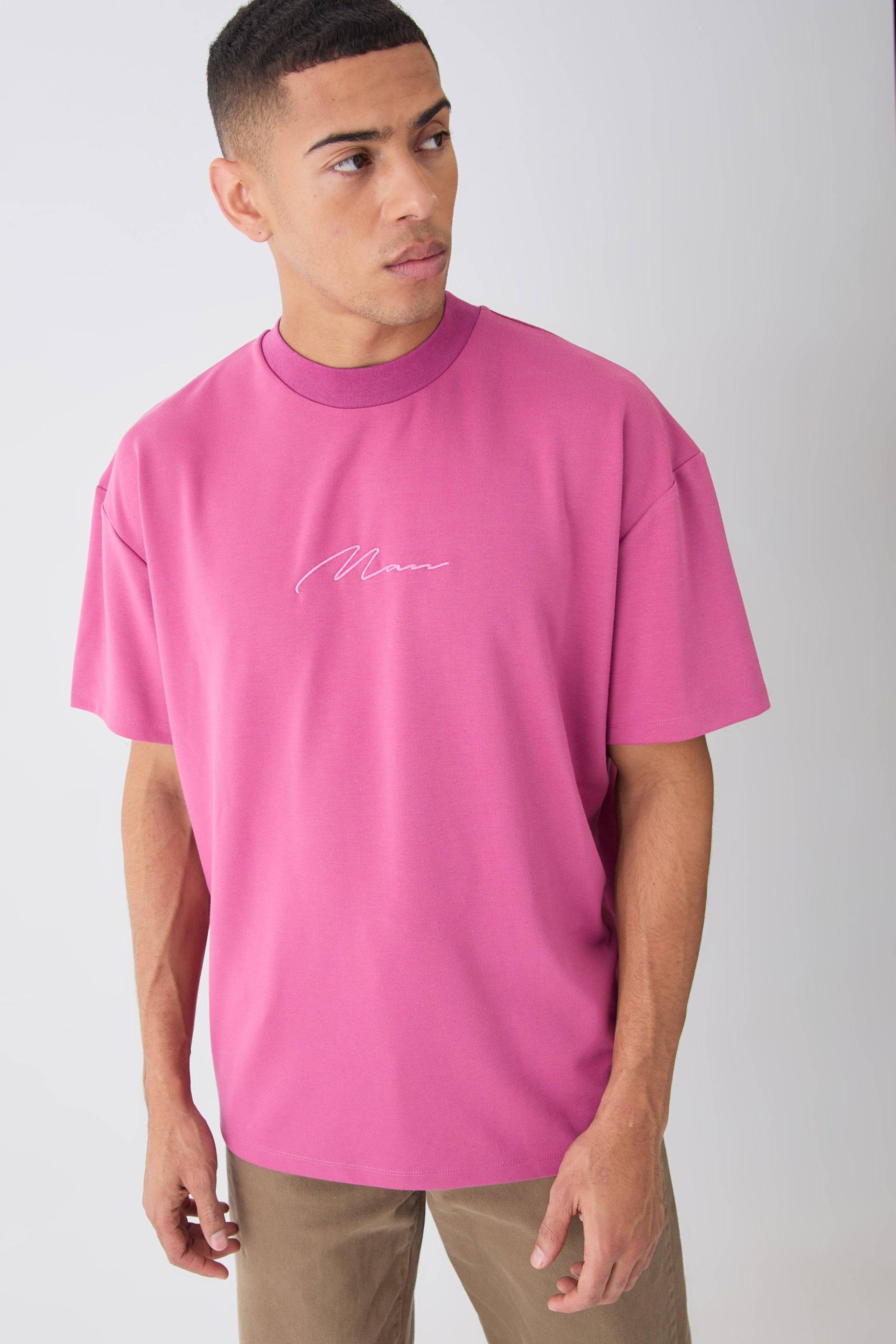 Mens Oversized Premium Super Heavyweight Embroidered T-shirt - Rosa - S, Rosa von boohooman