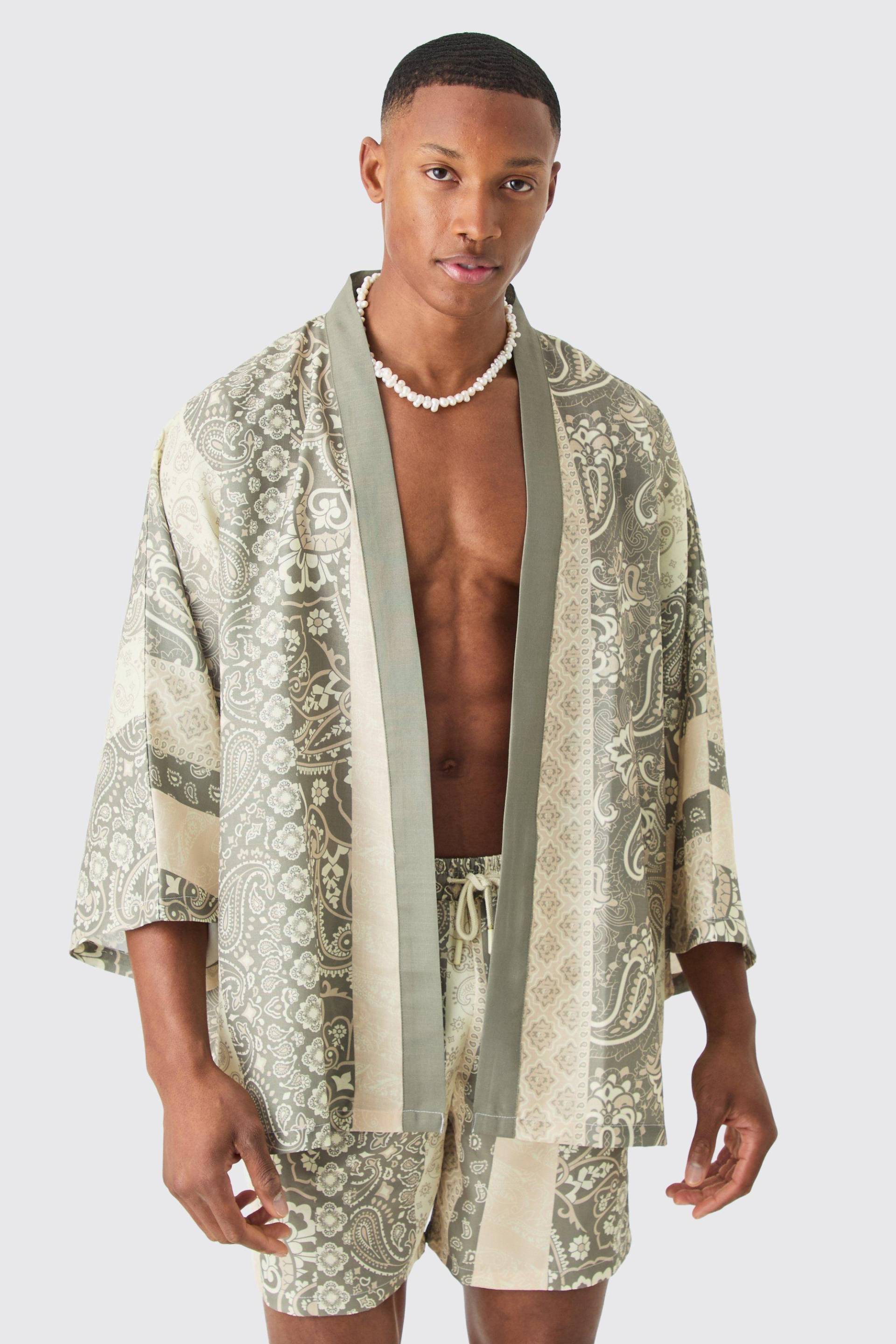 Mens Oversized Printed Kimono Shirt And Swim Short Set - Grau - S, Grau von boohooman