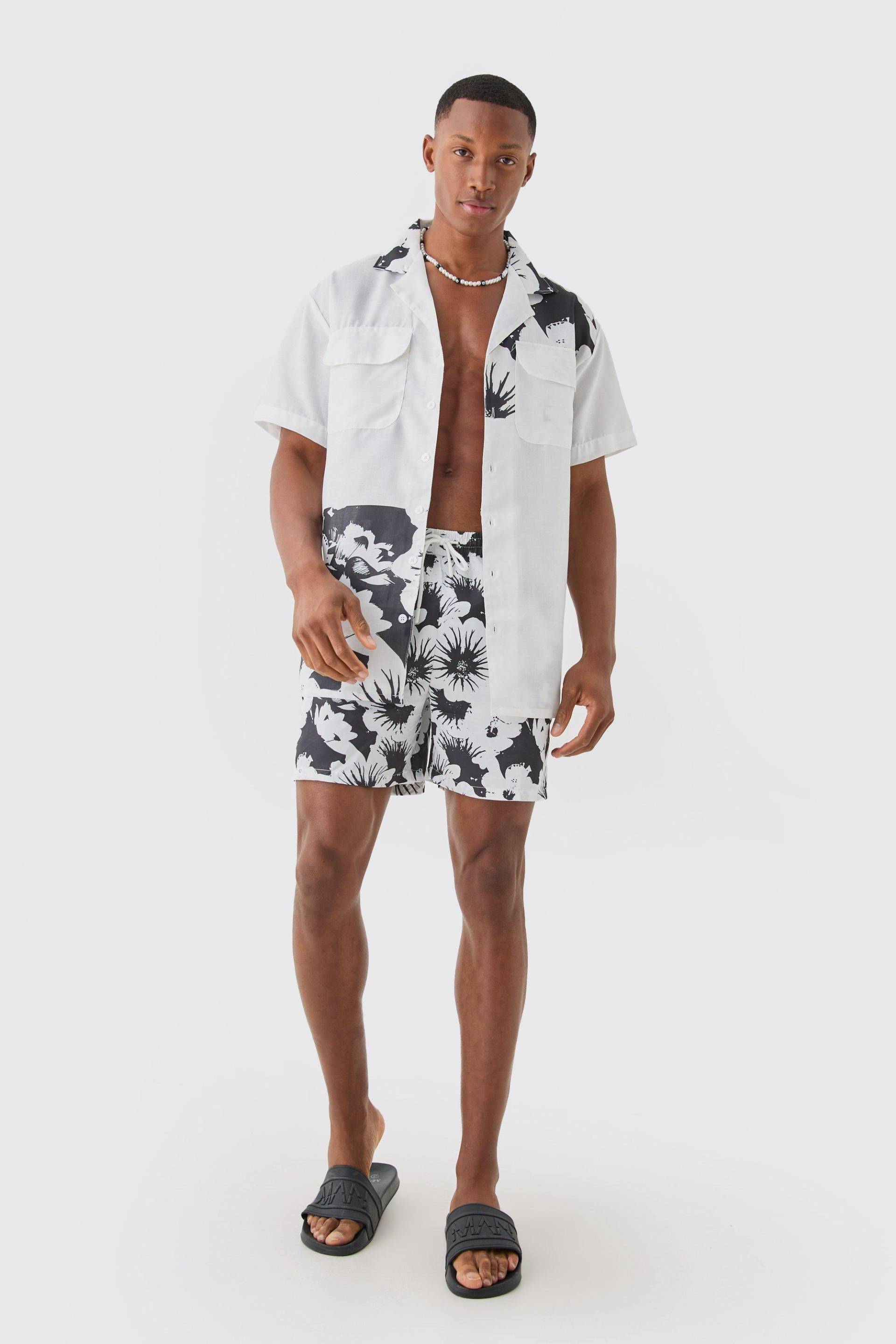 Mens Oversized Printed Shirt And Swim Short Set - Weiß - XL, Weiß von boohooman