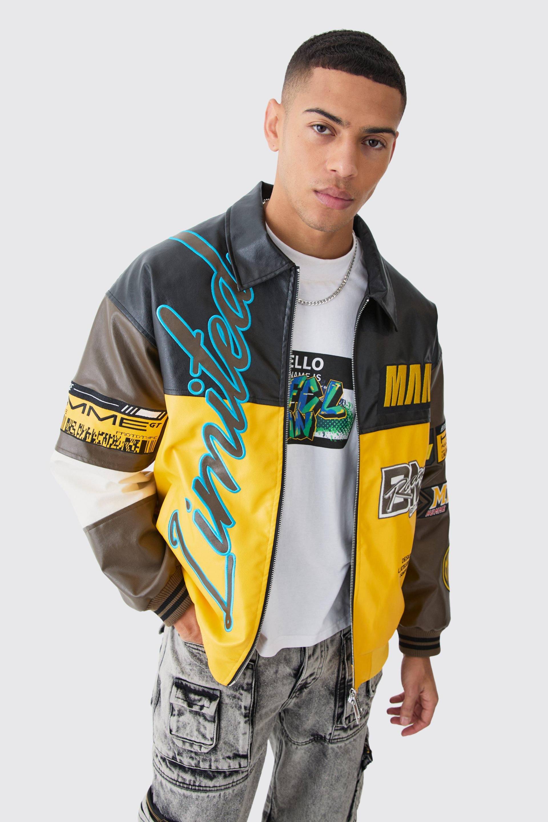 Mens Oversized Pu Badge Moto Jacket - Gelb - L, Gelb von boohooman