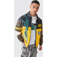 Mens Oversized Pu Badge Moto Jacket - Gelb - L, Gelb von boohooman