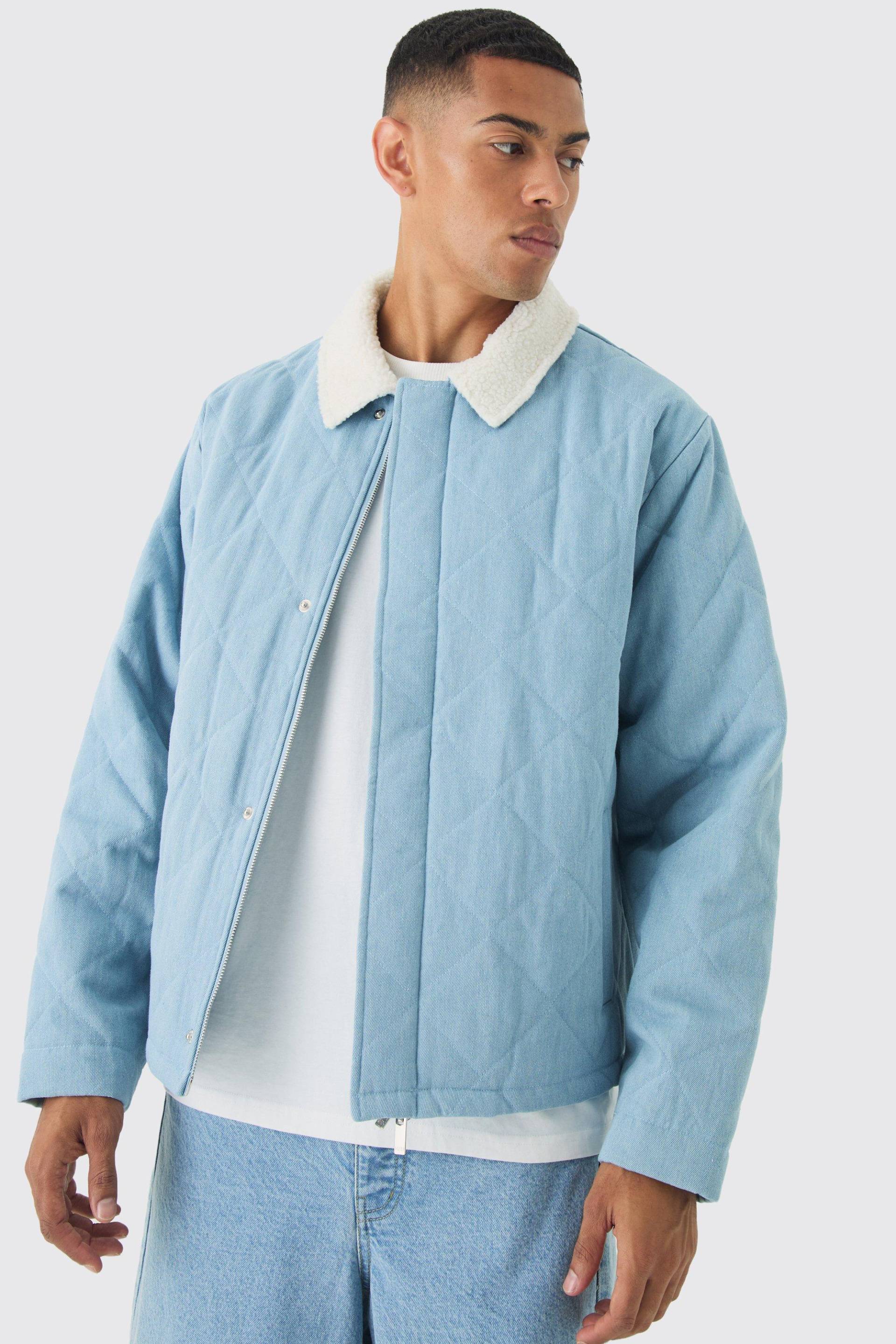 Gesteppte Oversize Jeansjacke mit Borg-Kragen - Blau - XL, Blau von boohooman