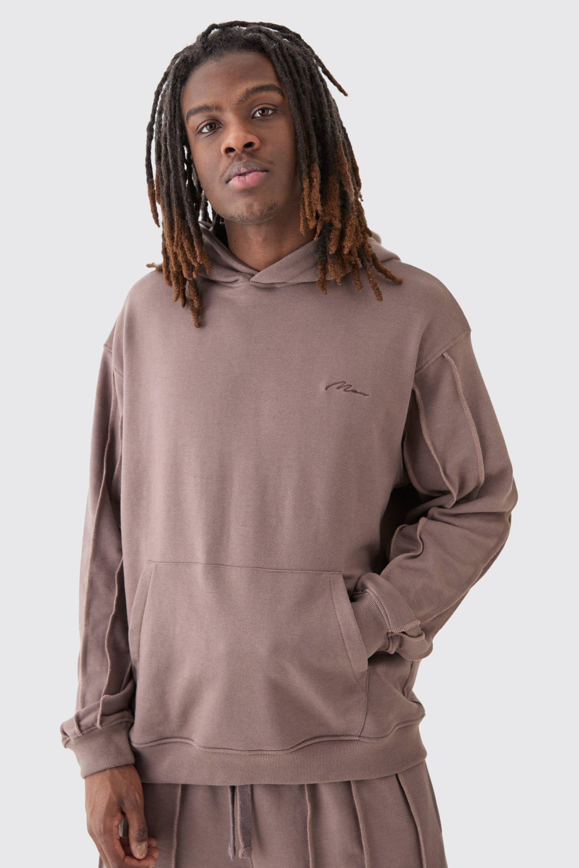 Mens Oversized Raw Seam Man Signature Embroidered Hoodie - Taupe - L, Taupe von boohooman