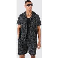 Mens Oversized Revere Denim Jacquard Shirt & Short Set - Schwarz - M, Schwarz von boohooman