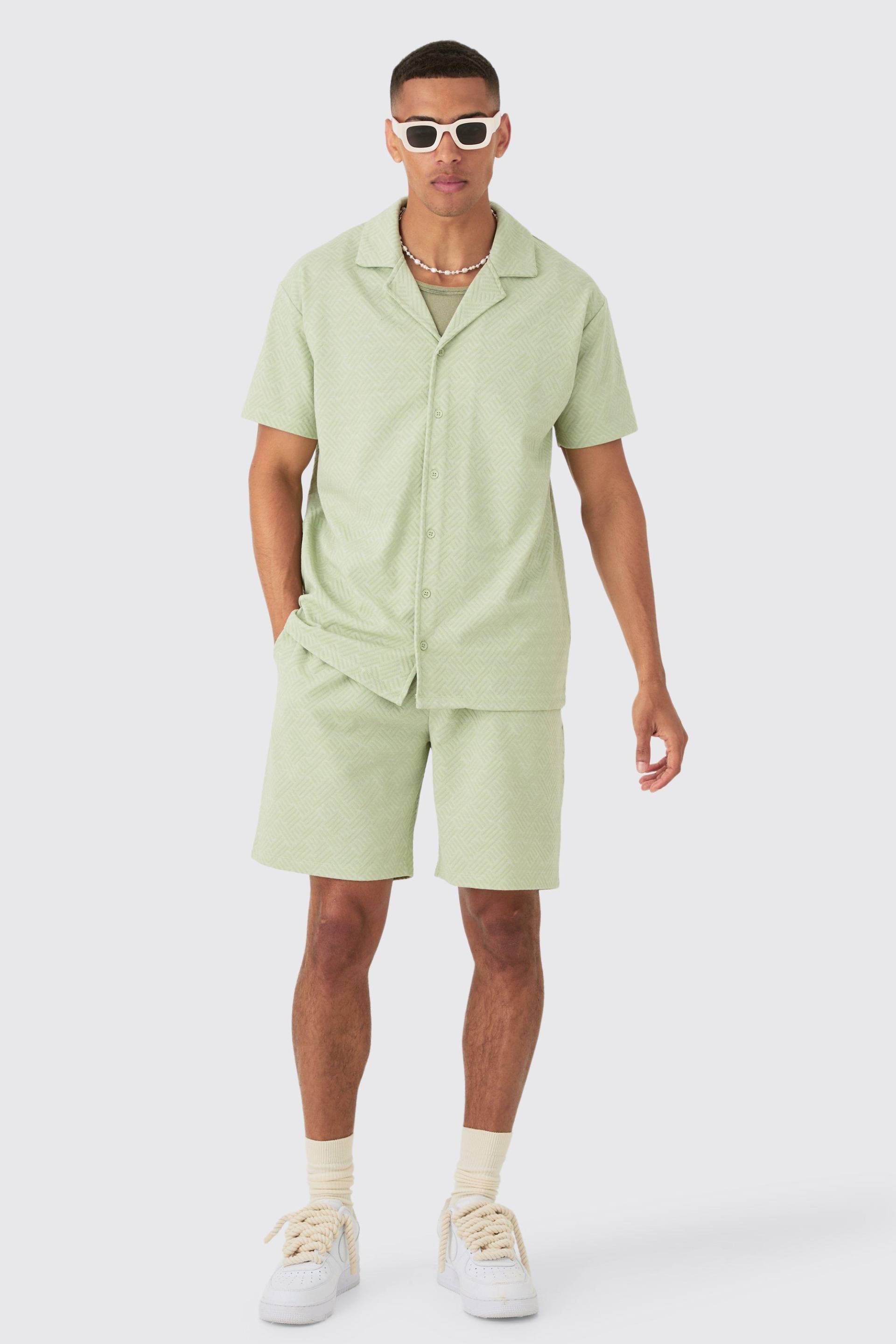 Mens Oversized Revere Geo Jacquard Shirt & Short Set - Grün - L, Grün von boohooman