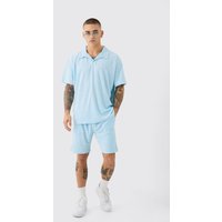 Mens Oversized Revere Towelling Polo & Shorts Set - Blau - S, Blau von boohooman