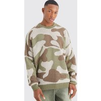 Mens Gerippter Oversize Camouflage-Strickpullover - Khaki - M, Khaki von boohooman