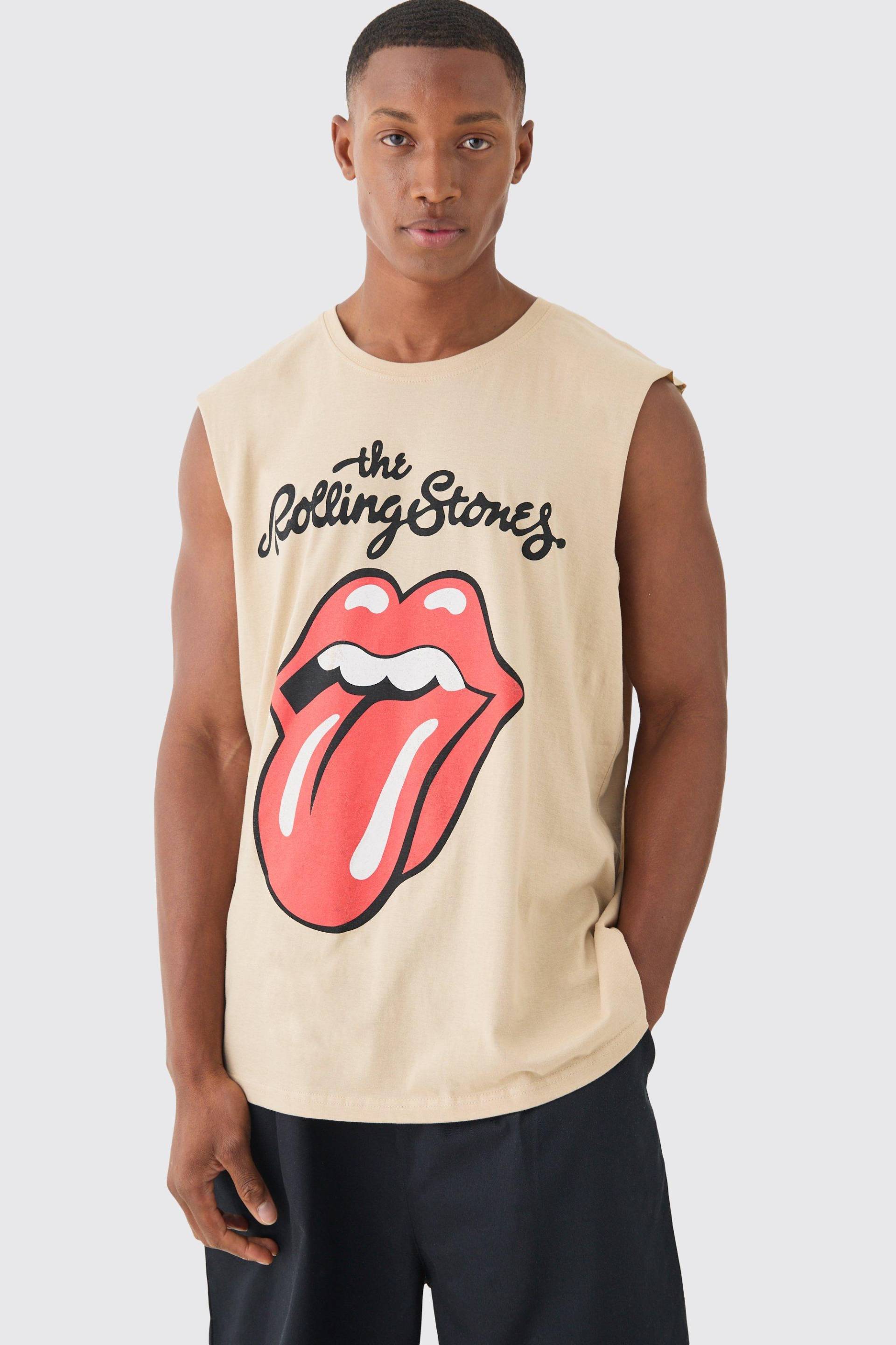 Mens Oversized Rolling Stones License vest - Beige - L, Beige von boohooman