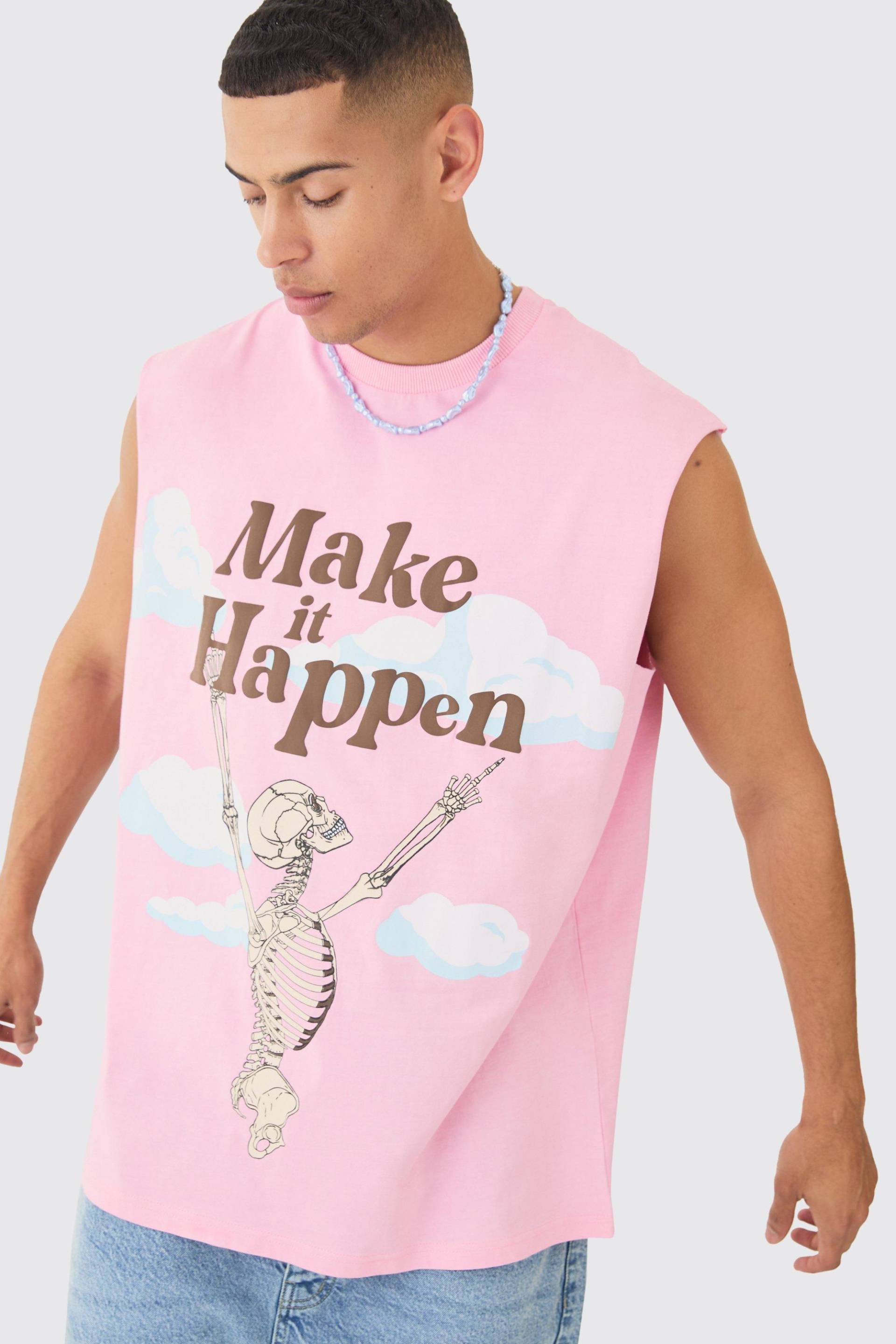 Mens Oversized Skeleton Graphic vest - Rosa - S, Rosa von boohooman