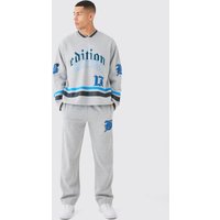 Mens Oversized Varsity Applique V Neck Sweatshirt Tracksuit - Grau - L, Grau von boohooman