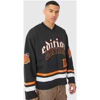 Mens Oversized Varsity V Neck Sweatshirt - Schwarz - M, Schwarz von boohooman