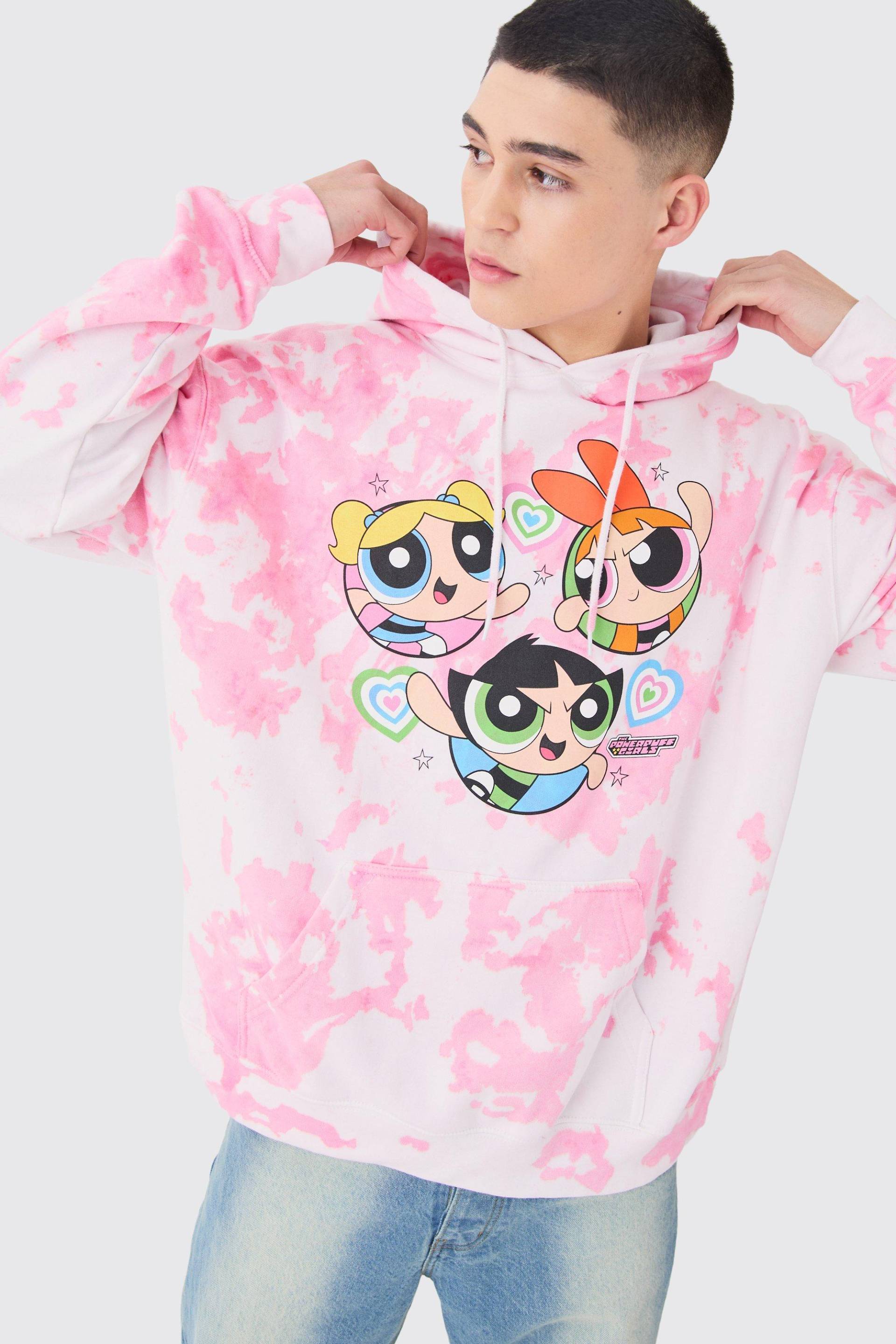 Mens Oversized Wash Powerpuff Girls License Hoodie - Rosa - S, Rosa von boohooman