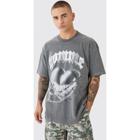Mens Oversized Washed Gothic Heart Graphic T-shirt - Grau - L, Grau von boohooman