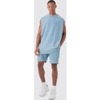 Mens Oversized Washed Heavyweight Waffle vest & Shorts Set - Blau - M, Blau von boohooman