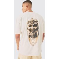 Mens Oversized Washed Jewel Mask Print T-shirt - Ecru - L, Ecru von boohooman