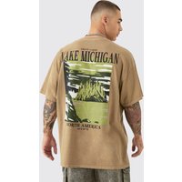 Mens Oversized Washed Lake Michigan Printed T-shirt - light khaki - XS, light khaki von boohooman