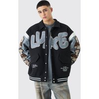 Mens Oversized Washed Sleeve Teddy Varsity Jacket - Schwarz - L, Schwarz von boohooman