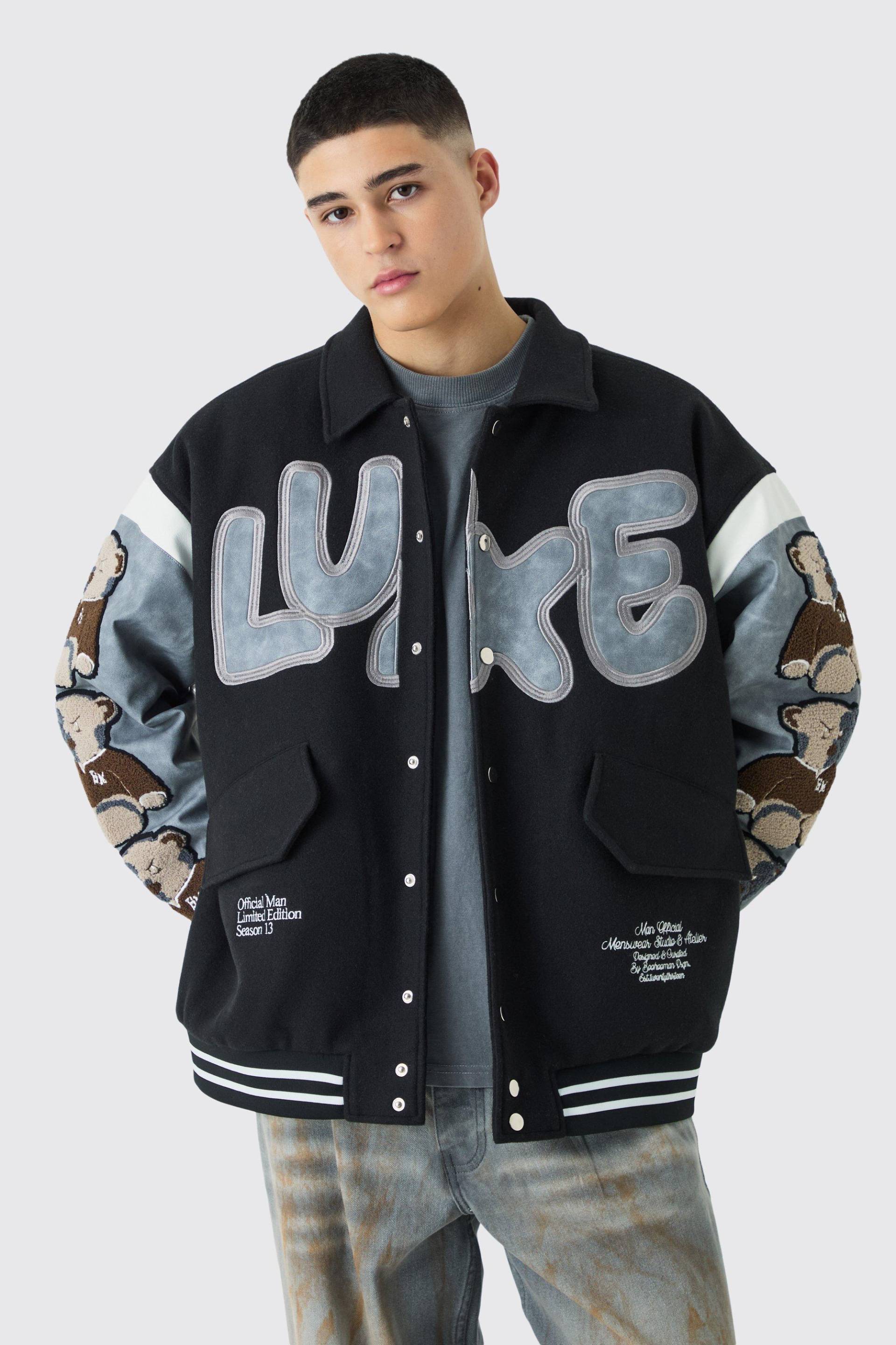 Mens Oversized Washed Sleeve Teddy Varsity Jacket - Schwarz - M, Schwarz von boohooman