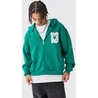 Mens Oversized Zip Through 13 Printed Hoodie - Grün - M, Grün von boohooman