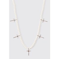 Mens Pearl Cross Pendant Necklace In White - Weiß - ONE SIZE, Weiß von boohooman