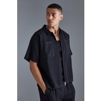 Mens Kurzärmliges kastiges Hemd mit Reißverschluss und Kragen - Schwarz - XS, Schwarz von boohooman